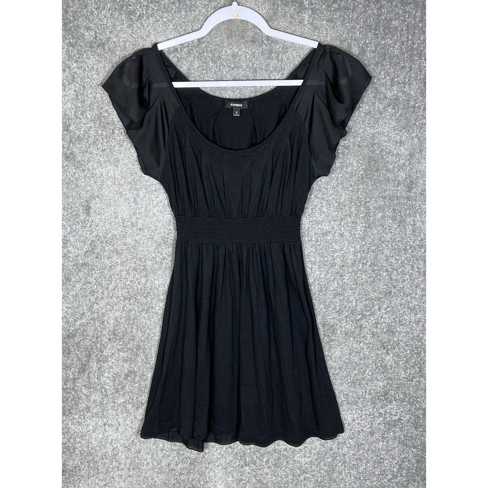 Express Dress Womens Size Small Black Smocked Waist Chiffon Ruffle Sleeves